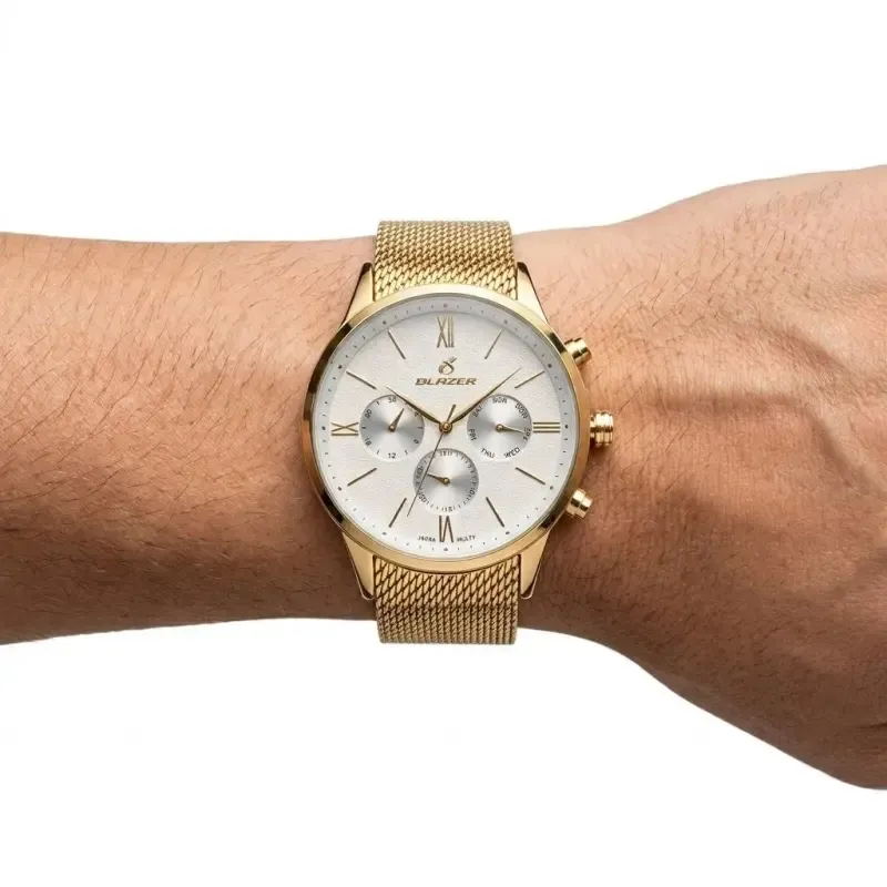 ساعت مچی مردانه بلیزر طلایی صفحه سفید بند حصیری فول تایم رفرانس 3175