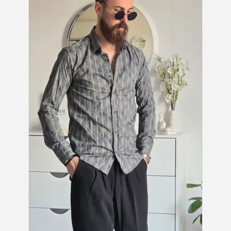 پیراهن مردانه آستین بلند راه راه ابروبادی سارینا سایزبندی M L XL XXL